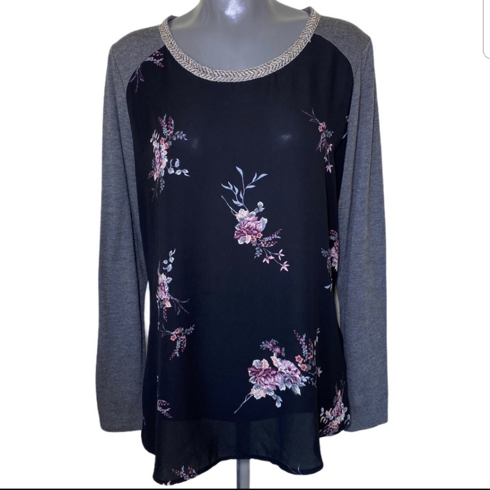Maurices Long Sleeve Floral Top with Embellished Neckline